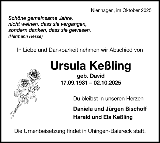 Traueranzeige von Ursula Keßling von Bietigheimer Zeitung
