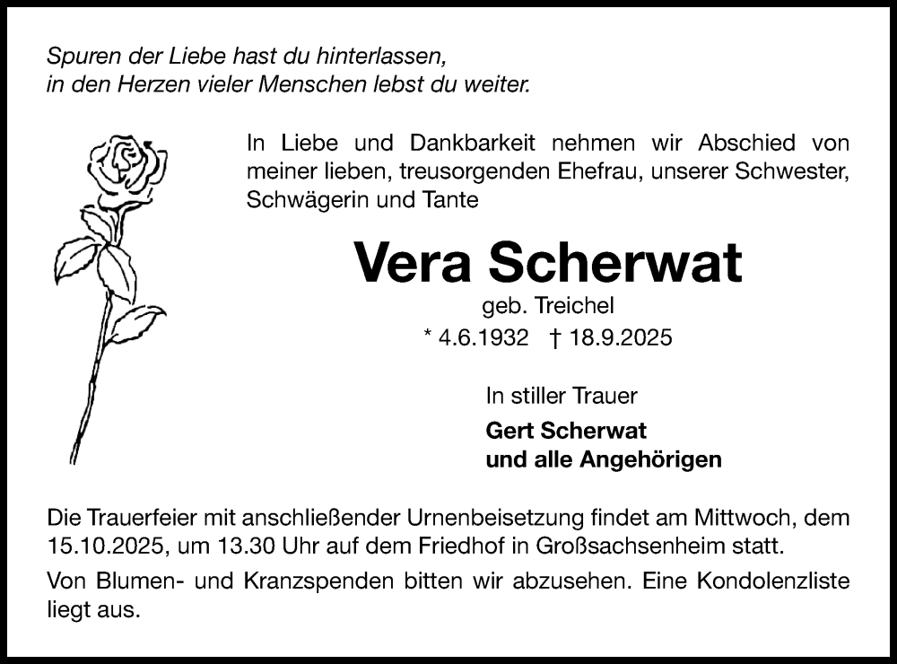  Traueranzeige für Vera Scherwat vom 11.10.2025 aus Bietigheimer Zeitung