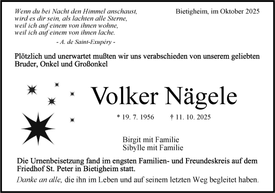 Traueranzeige von Volker Nägele von Bietigheimer Zeitung