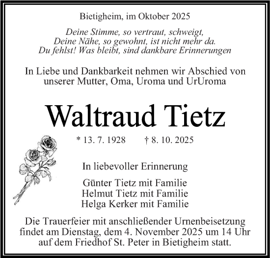 Traueranzeige von Waltraud Tietz von Bietigheimer Zeitung