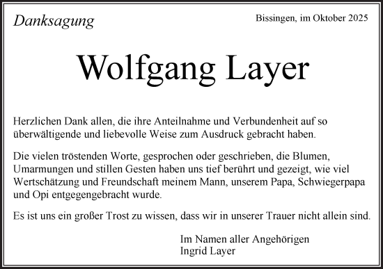 Traueranzeige von Wolfgang Layer von Bietigheimer Zeitung