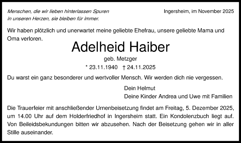  Traueranzeige für Adelheid Haiber vom 29.11.2025 aus Bietigheimer Zeitung