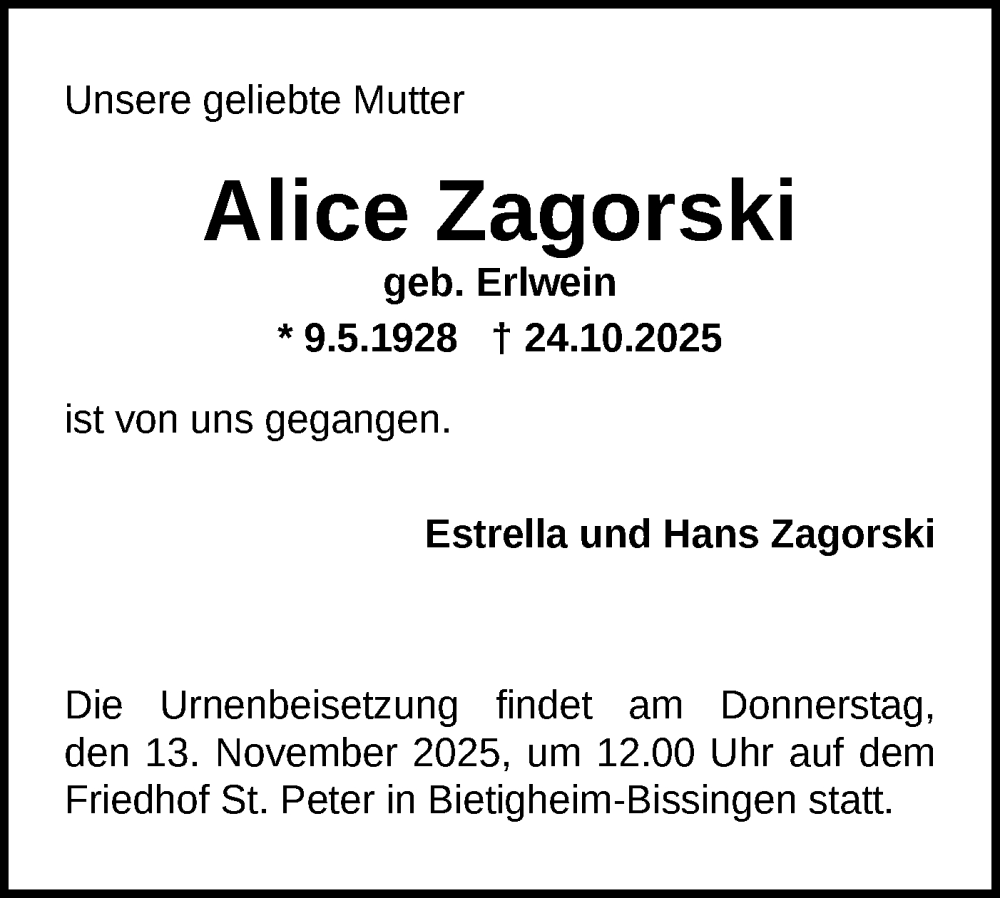  Traueranzeige für Alice Zagorski vom 11.11.2025 aus Bietigheimer Zeitung
