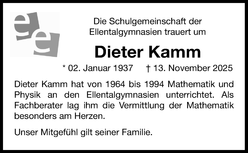  Traueranzeige für Dieter Kamm vom 28.11.2025 aus Bietigheimer Zeitung