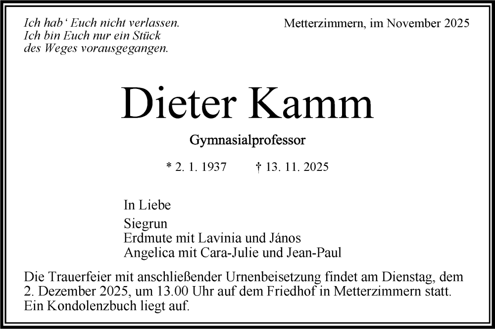  Traueranzeige für Dieter Kamm vom 27.11.2025 aus Bietigheimer Zeitung