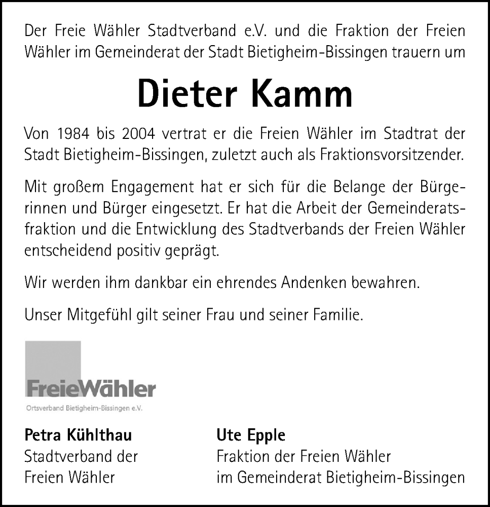  Traueranzeige für Dieter Kamm vom 29.11.2025 aus Bietigheimer Zeitung