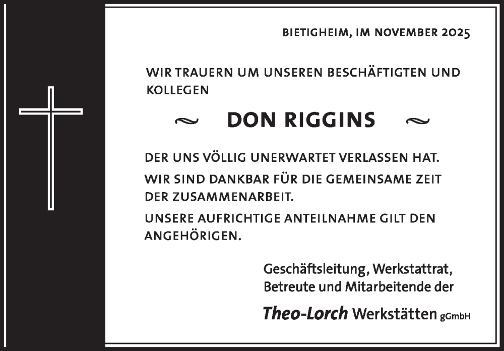  Traueranzeige für Don Riggins vom 21.11.2025 aus Bietigheimer Zeitung