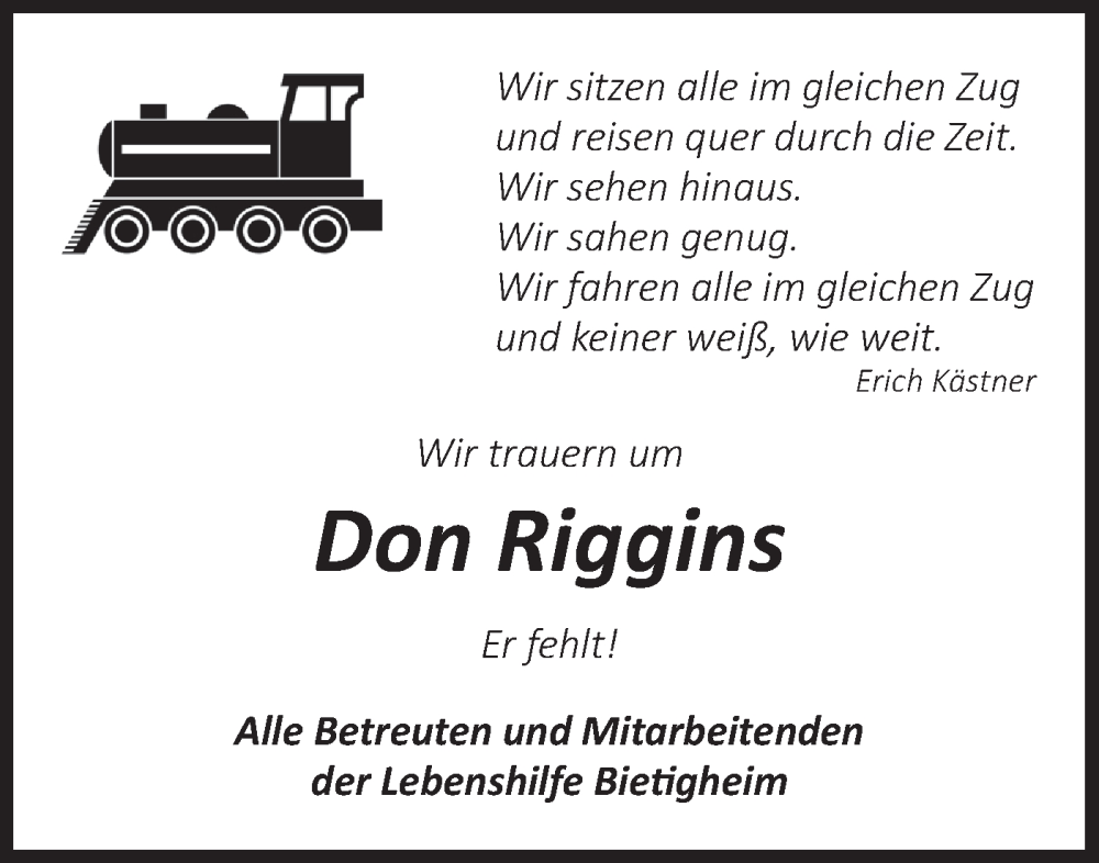  Traueranzeige für Don Riggins vom 26.11.2025 aus Bietigheimer Zeitung