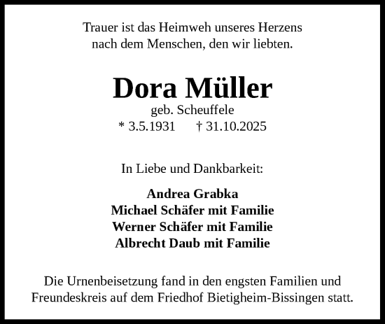 Traueranzeige von Dora Müller von Bietigheimer Zeitung