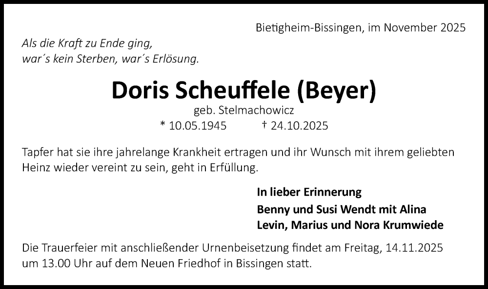  Traueranzeige für Doris Scheuffele vom 11.11.2025 aus Bietigheimer Zeitung