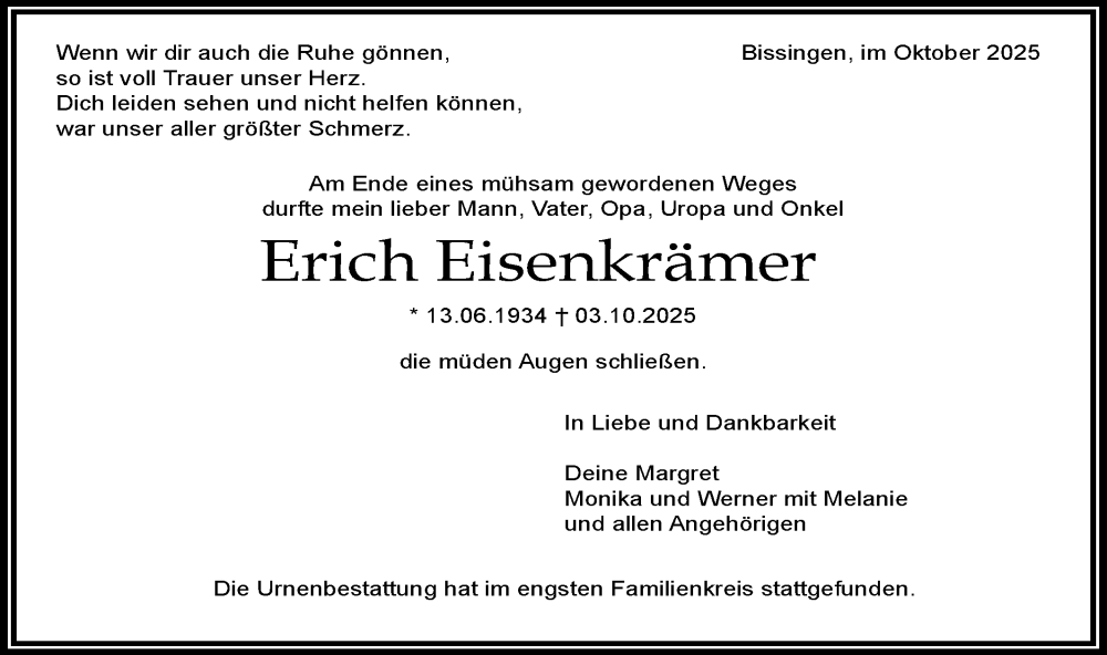  Traueranzeige für Erich Eisenkrämer vom 03.11.2025 aus Bietigheimer Zeitung