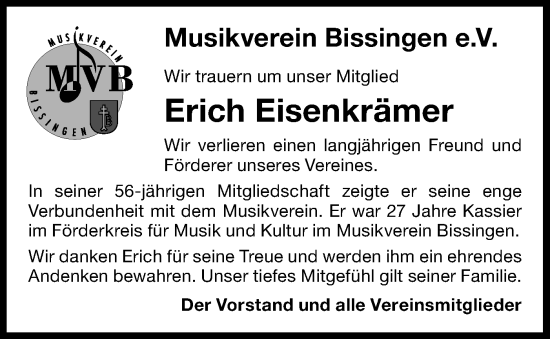 Traueranzeige von Erich Eisenkrämer von Bietigheimer Zeitung