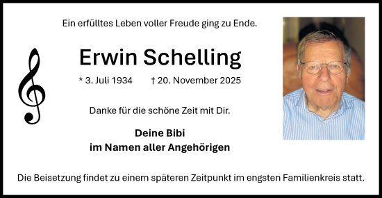 Traueranzeige von Erwin Schelling von Bietigheimer Zeitung