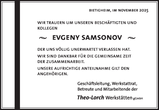 Traueranzeige von Evgeny Samsonov von Bietigheimer Zeitung