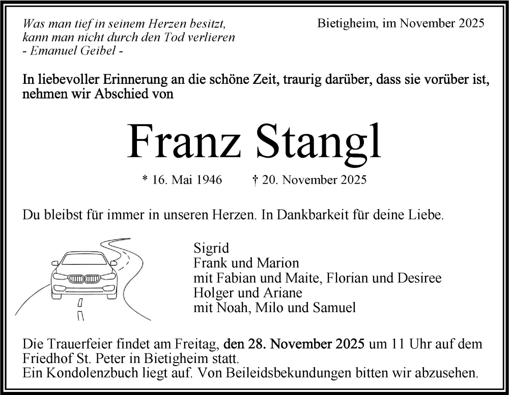  Traueranzeige für Franz Stangl vom 25.11.2025 aus Bietigheimer Zeitung
