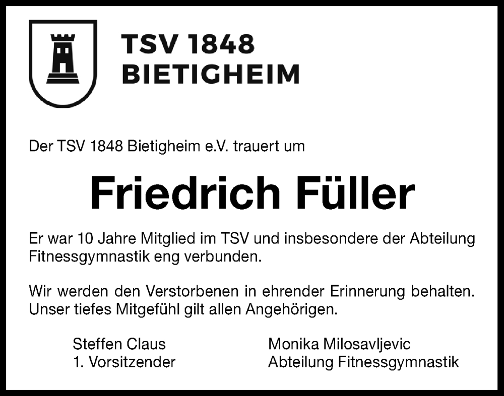  Traueranzeige für Friedrich Füller vom 11.11.2025 aus Bietigheimer Zeitung