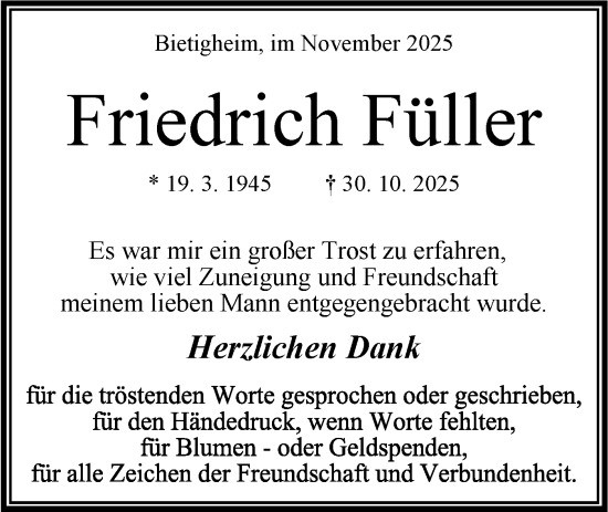 Traueranzeige von Friedrich Füller von Bietigheimer Zeitung