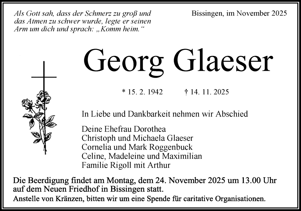  Traueranzeige für Georg Glaeser vom 19.11.2025 aus Bietigheimer Zeitung