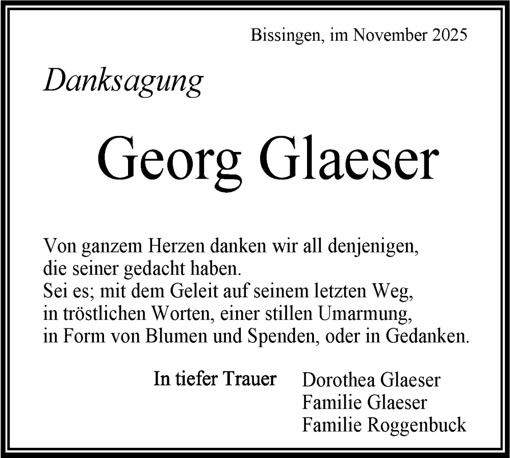 Traueranzeige für Georg Glaeser vom 27.11.2025 aus Bietigheimer Zeitung