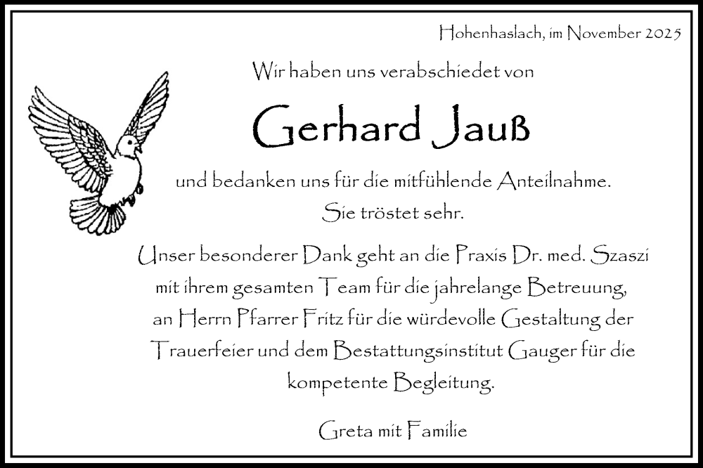  Traueranzeige für Gerhard Jauß vom 29.11.2025 aus Bietigheimer Zeitung