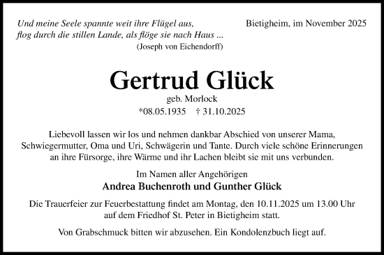 Traueranzeige von Gertrud Glück von Bietigheimer Zeitung
