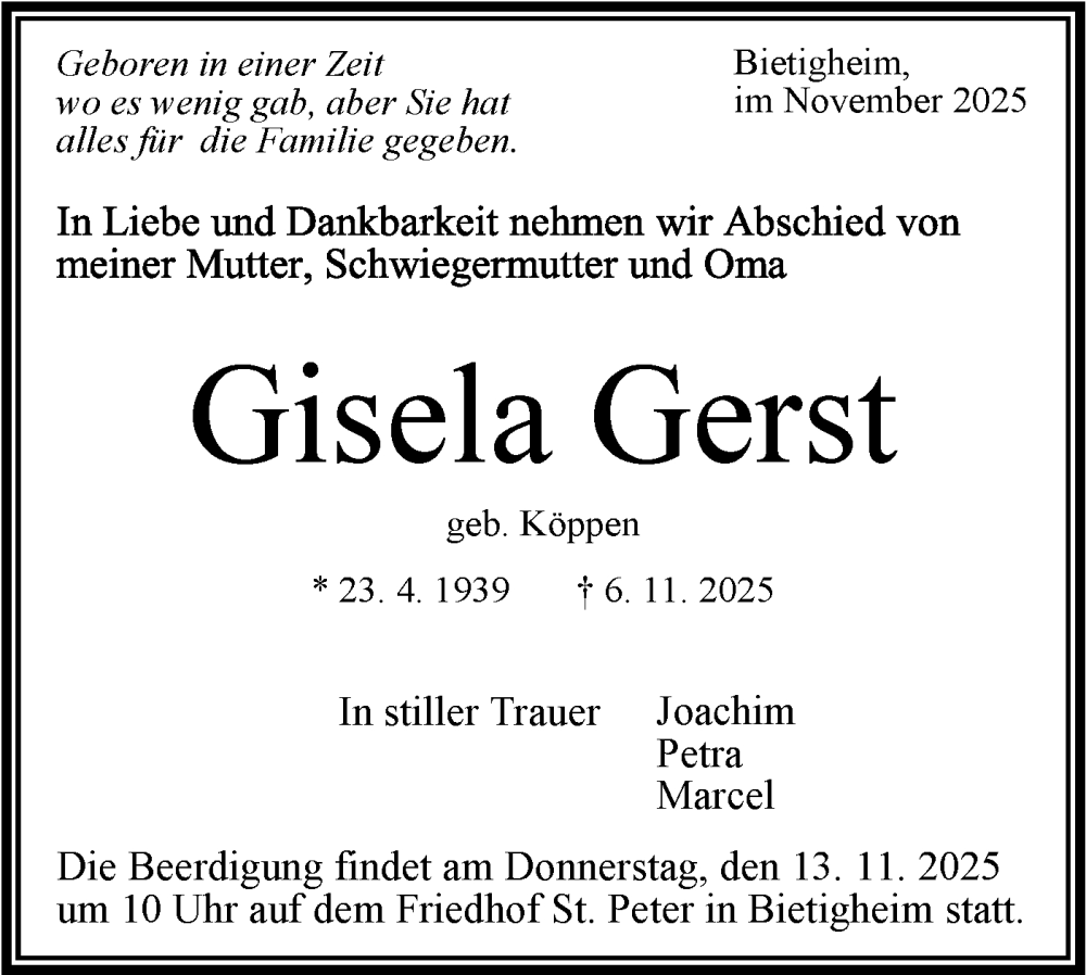  Traueranzeige für Gisela Gerst vom 10.11.2025 aus Bietigheimer Zeitung