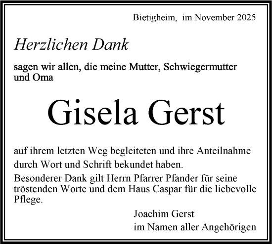 Traueranzeige von Gisela Gerst von Bietigheimer Zeitung