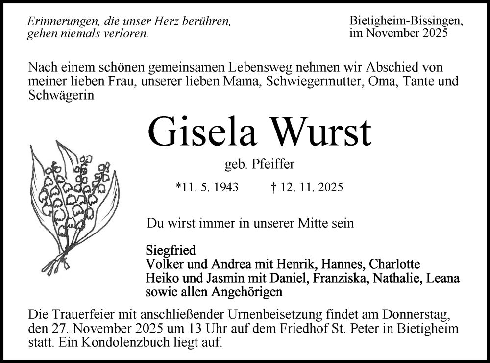  Traueranzeige für Gisela Wurst vom 22.11.2025 aus Bietigheimer Zeitung