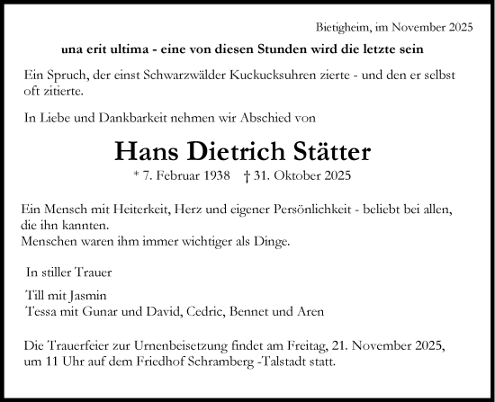 Traueranzeige von Hans Dietrich Stätter von Bietigheimer Zeitung