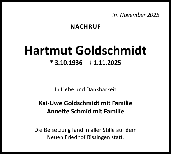 Traueranzeige von Hartmut Goldschmidt von Bietigheimer Zeitung