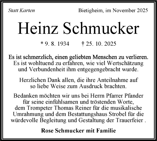 Traueranzeige von Heinz Schmucker von Bietigheimer Zeitung