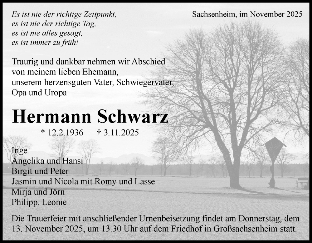  Traueranzeige für Hermann Schwarz vom 08.11.2025 aus Bietigheimer Zeitung