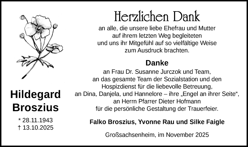  Traueranzeige für Hildegard Broszius vom 13.11.2025 aus Bietigheimer Zeitung