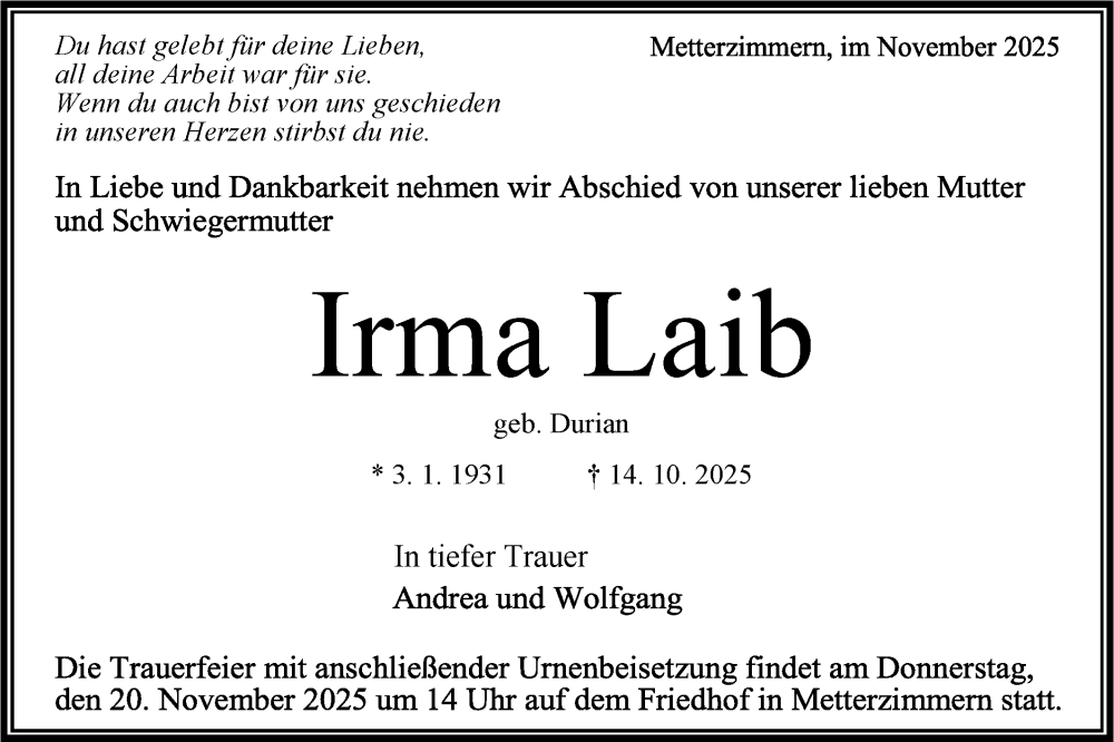  Traueranzeige für Irma Laib vom 15.11.2025 aus Bietigheimer Zeitung