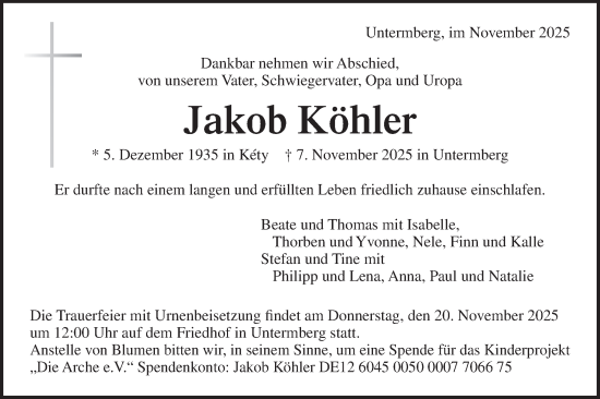 Traueranzeige von Jakob Köhler von Bietigheimer Zeitung