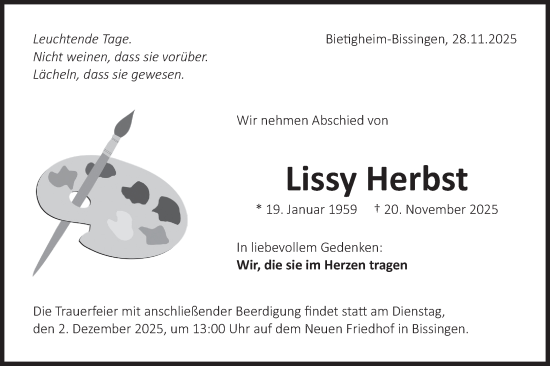 Traueranzeige von Lissy Herbst von Bietigheimer Zeitung
