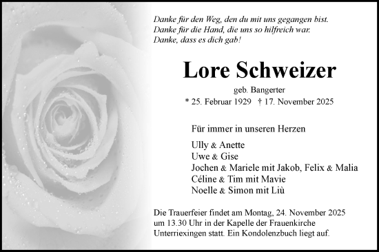 Traueranzeige von Lore Schweizer von Bietigheimer Zeitung