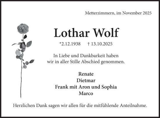 Traueranzeige von Lothar Wolf von Bietigheimer Zeitung