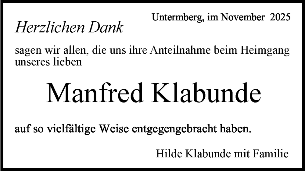  Traueranzeige für Manfred Klabunde vom 22.11.2025 aus Bietigheimer Zeitung