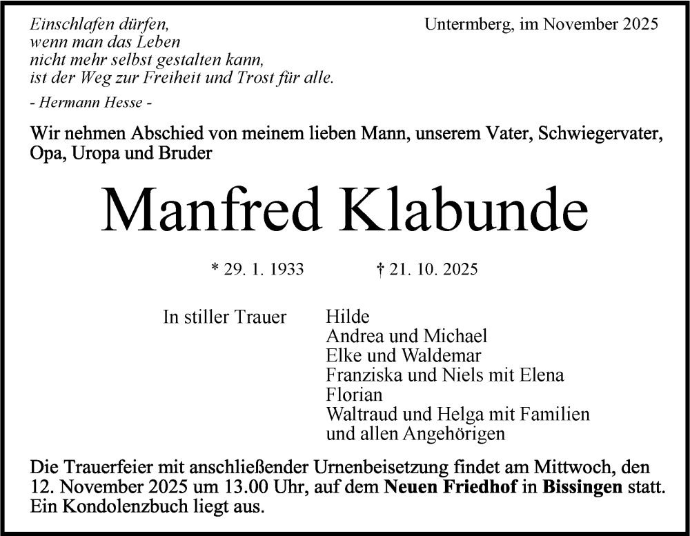  Traueranzeige für Manfred Klabunde vom 07.11.2025 aus Bietigheimer Zeitung