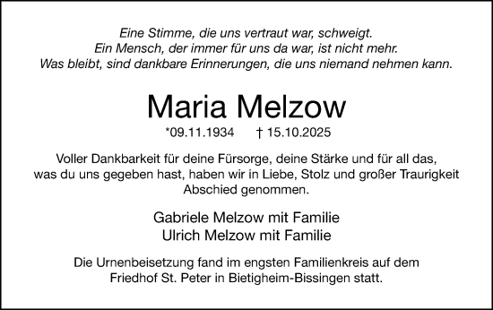 Traueranzeige von Maria Melzow von Bietigheimer Zeitung