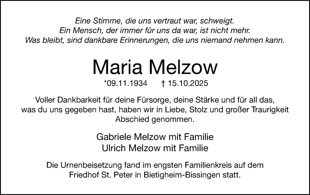  Traueranzeige für Maria Melzow vom 08.11.2025 aus Bietigheimer Zeitung