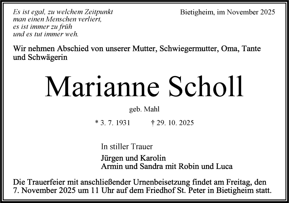  Traueranzeige für Marianne Scholl vom 05.11.2025 aus Bietigheimer Zeitung