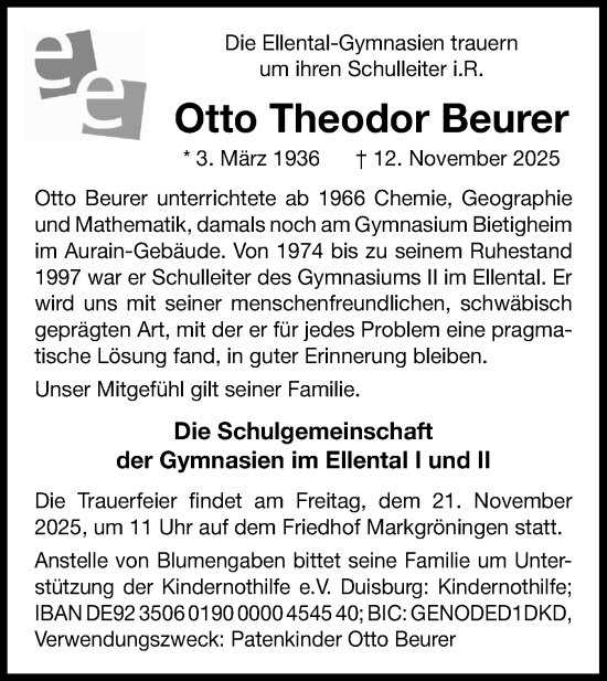 Traueranzeige von Otto Theodor Beurer von Bietigheimer Zeitung