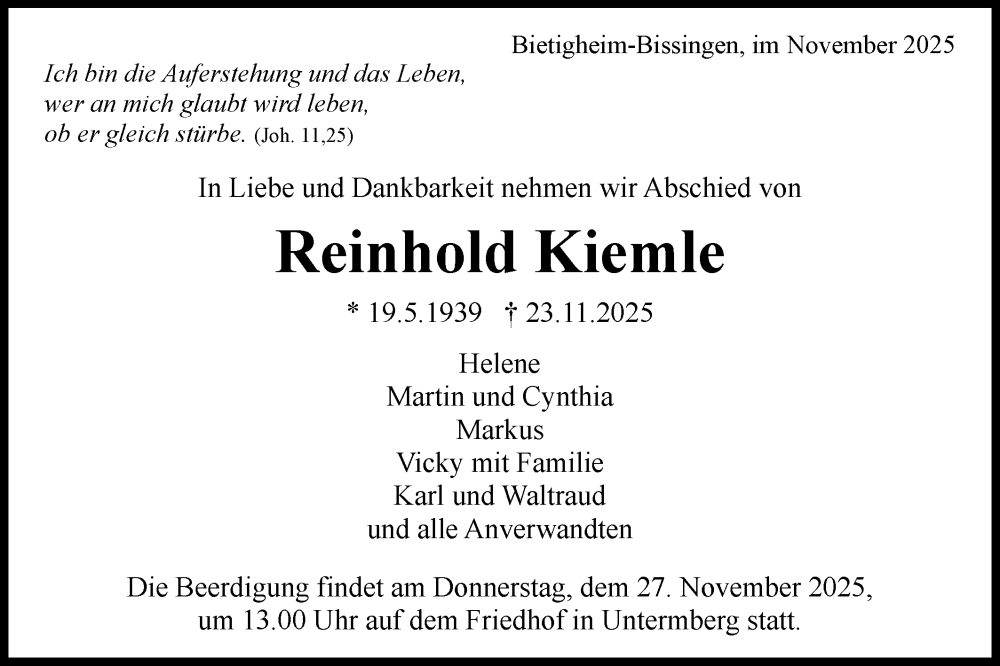  Traueranzeige für Reinhold Kiemle vom 25.11.2025 aus Bietigheimer Zeitung