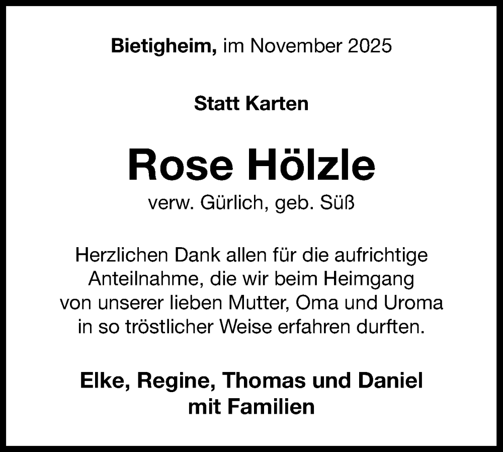  Traueranzeige für Rose Hölzle vom 27.11.2025 aus Bietigheimer Zeitung