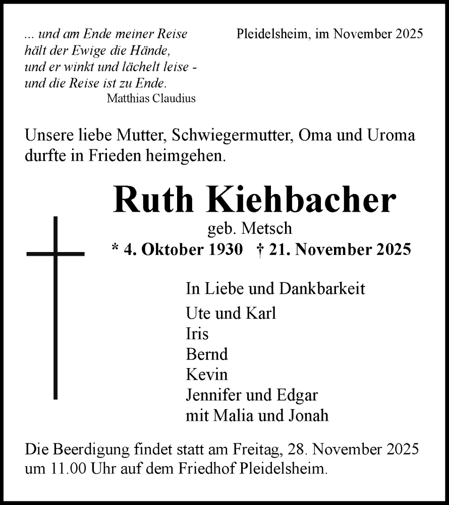  Traueranzeige für Ruth Kiehbacher vom 26.11.2025 aus Bietigheimer Zeitung