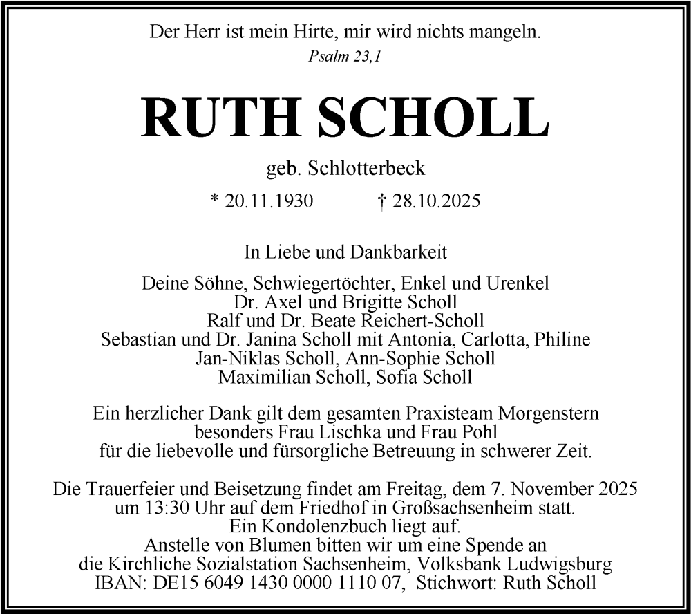  Traueranzeige für Ruth Scholl vom 03.11.2025 aus Bietigheimer Zeitung