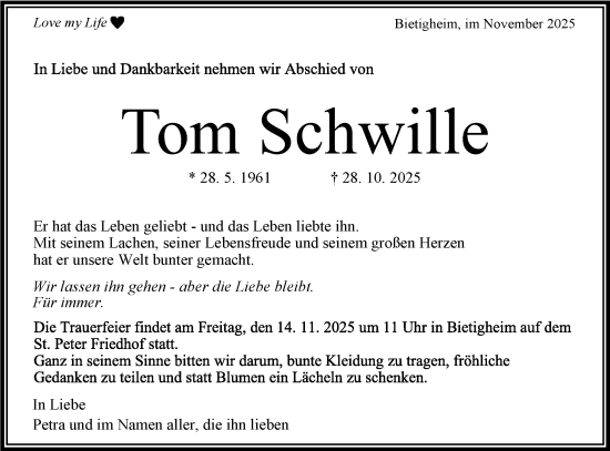 Traueranzeige von Tom Schwille von Bietigheimer Zeitung