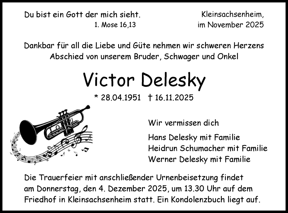  Traueranzeige für Victor Delesky vom 29.11.2025 aus Bietigheimer Zeitung